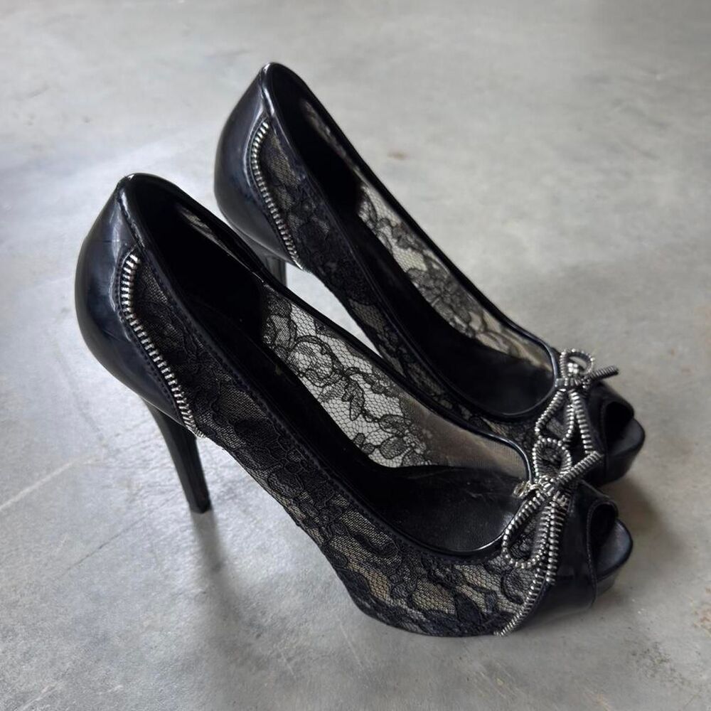 Guess black lace peep toe platform heels silver bow detail 7.5 - Picture 4 of 6